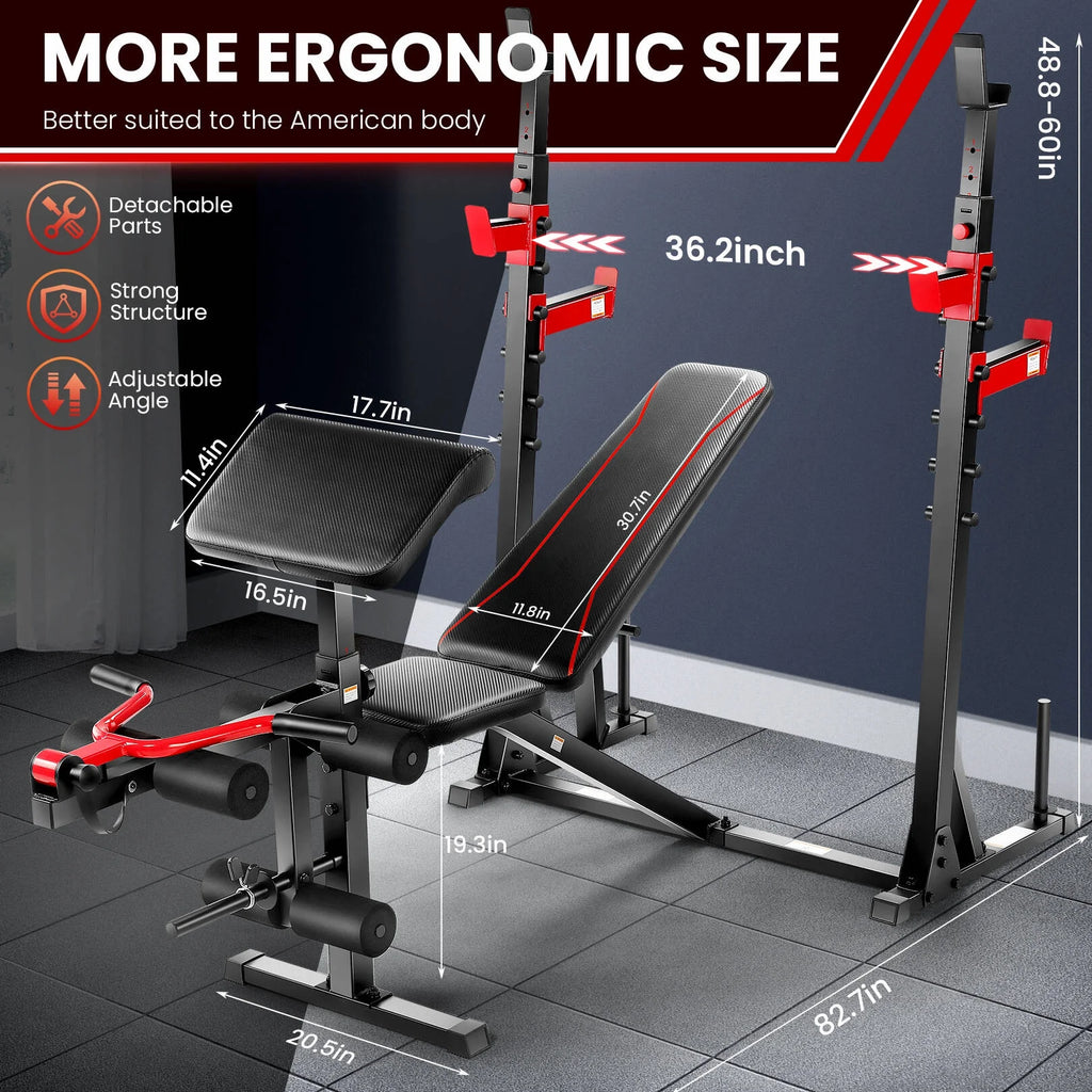 Adjustable Weight Bench 900LBS Olympic Weight Bench Set with Squat Rack, Preacher Curl, Leg Extension Full Body Exercise Workout Bench Press for Home Gym